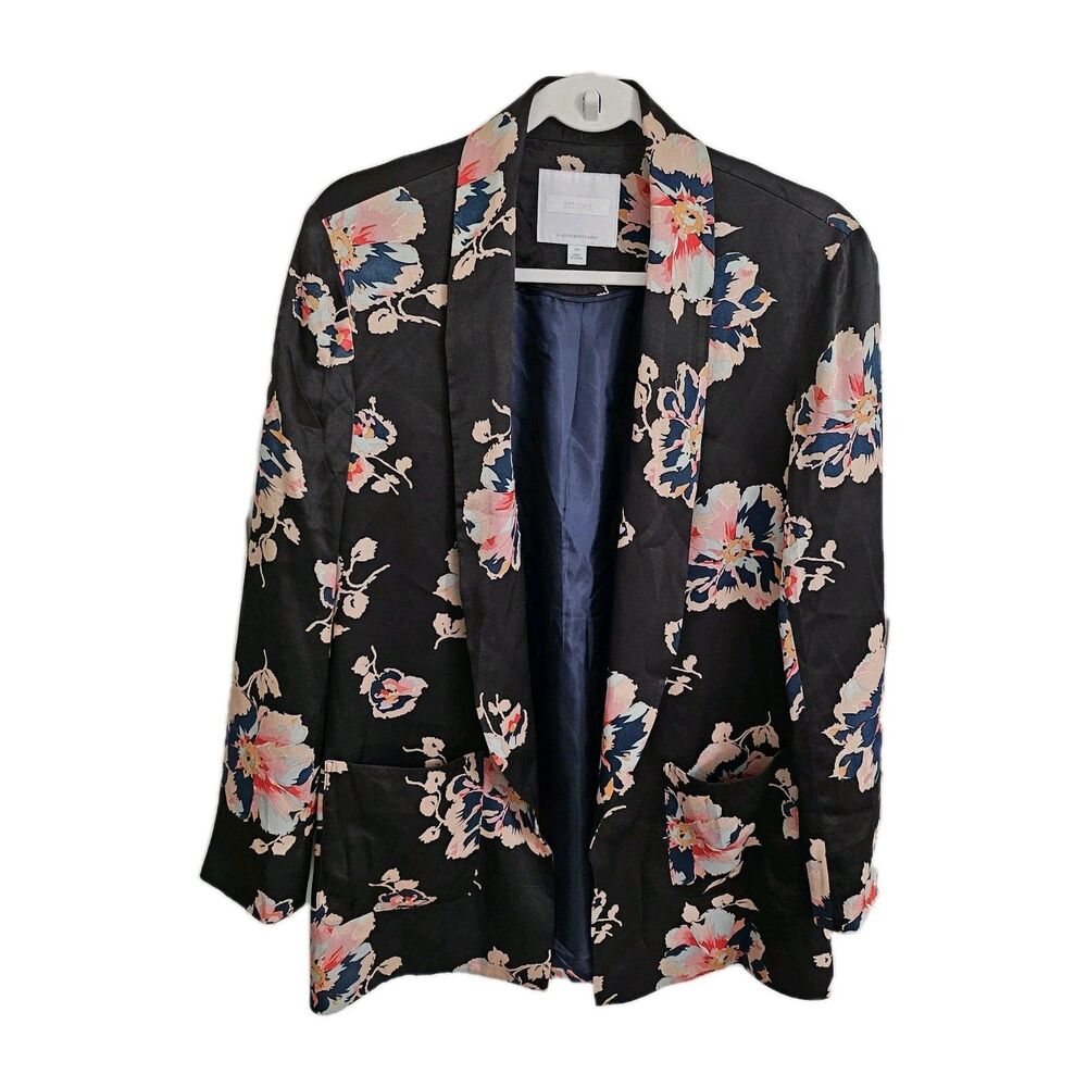 Anthropologie Ett Twa Tavie Blazer XS Black Floral Satin SIlky Open Front Lined